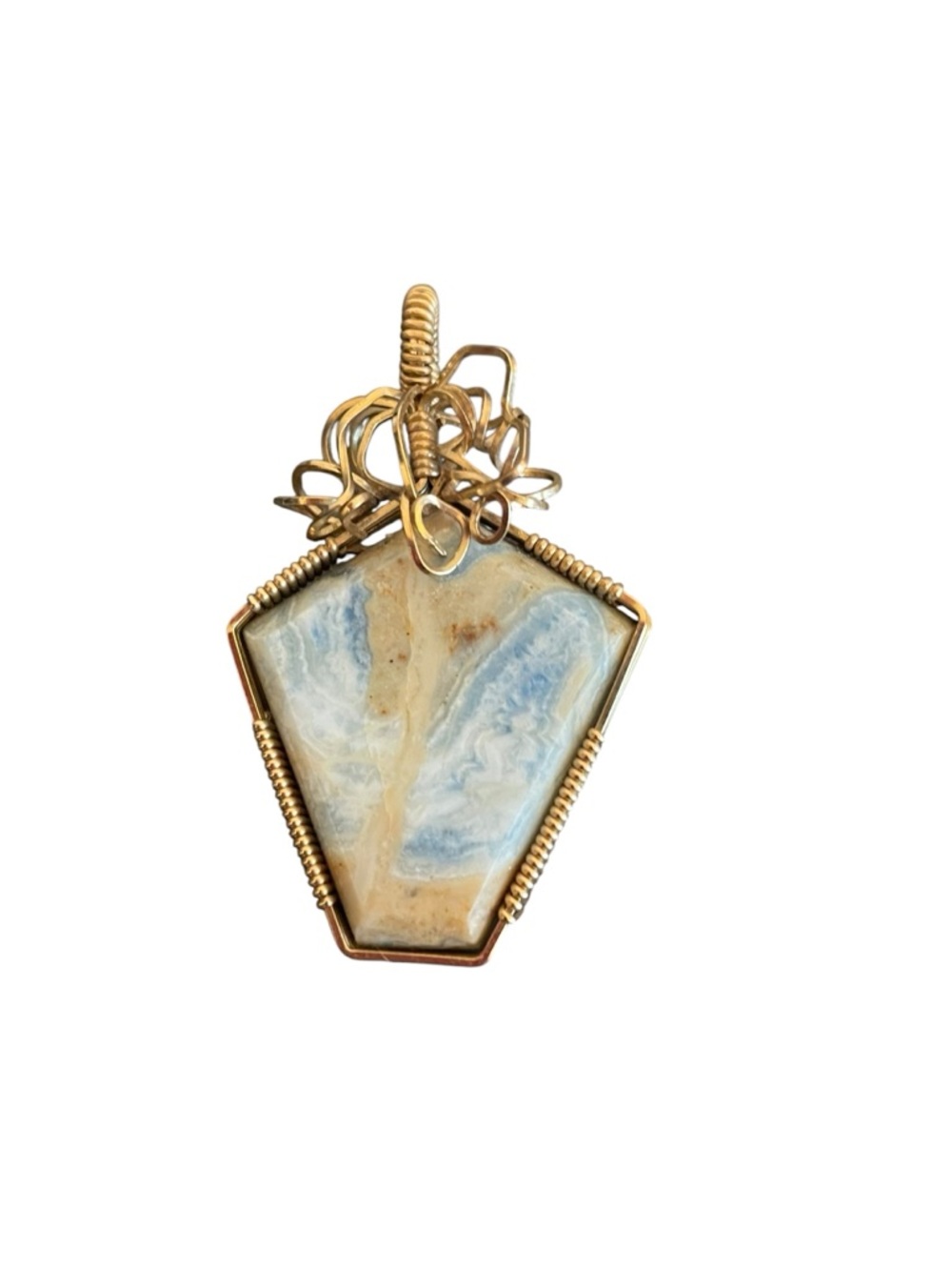 Artisan Wire Wrapped Blue Tan Stone Geometric Shield Pendant Gold Tone